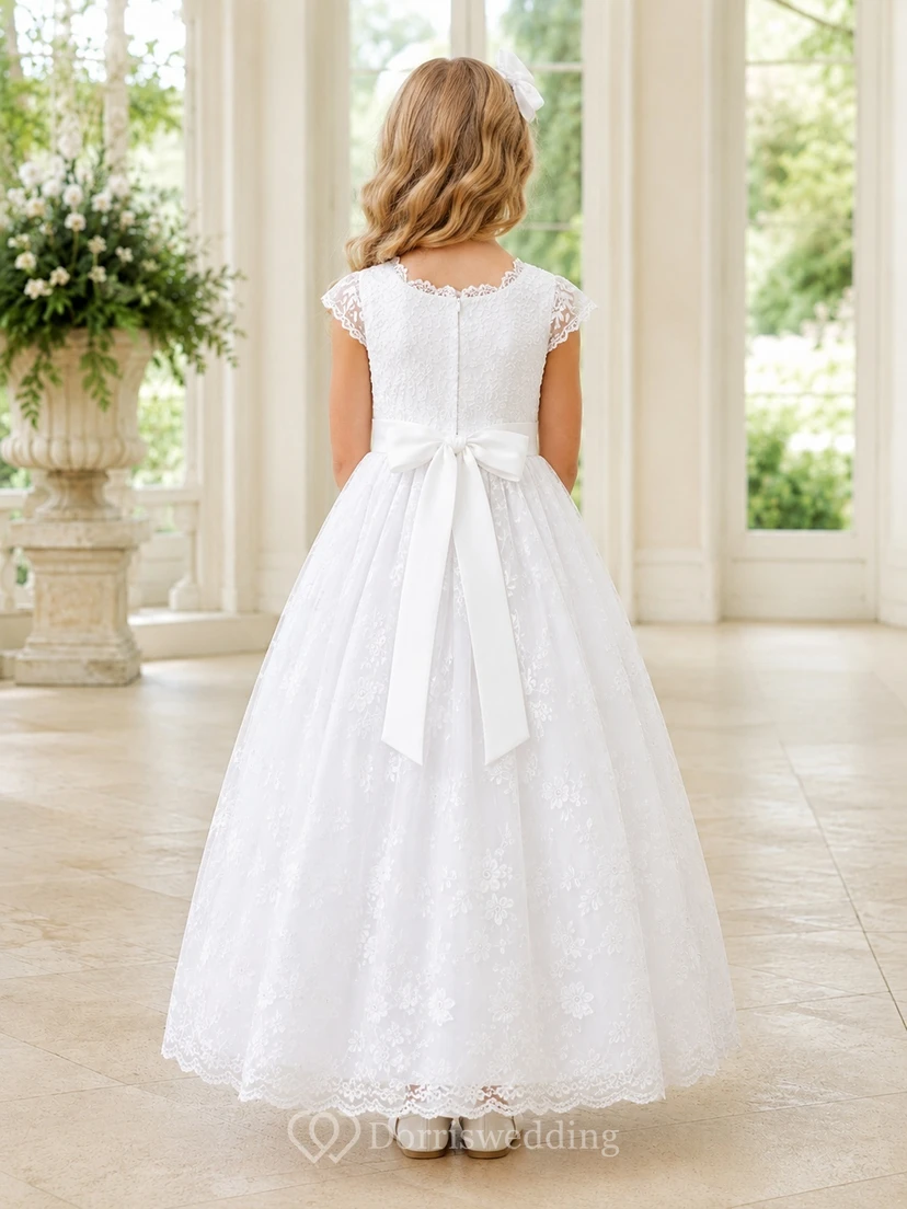 Princess White Square Neck Cap Sleeve Lace A-Line Floor-Length Flower Girl Dress view 2