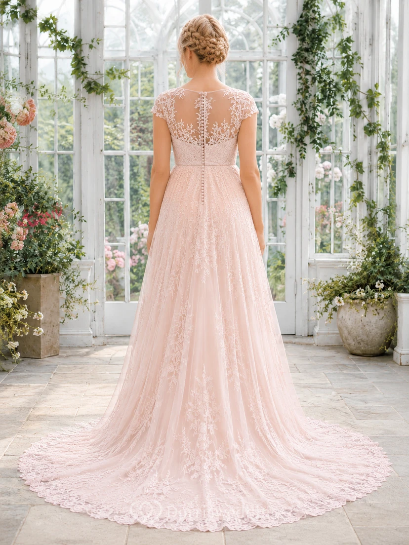 Maternity Wedding Dress High Neck Sleeveless Lace Tulle Garden Gown with Illusion Back view 2
