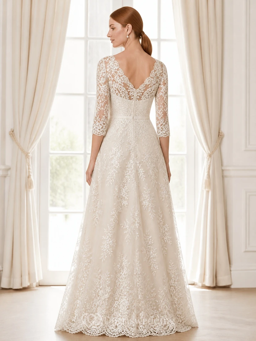 Feathered-Floral Modest Older Brides Lace A-Line Floor-length Bateau Three-Quarter Sleeve Mother Dress view 2