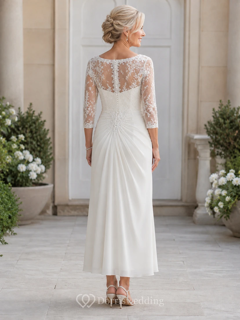 Ankle Length Sheath Older Brides Wedding Dress with Lace Sleeves and Draping view 2