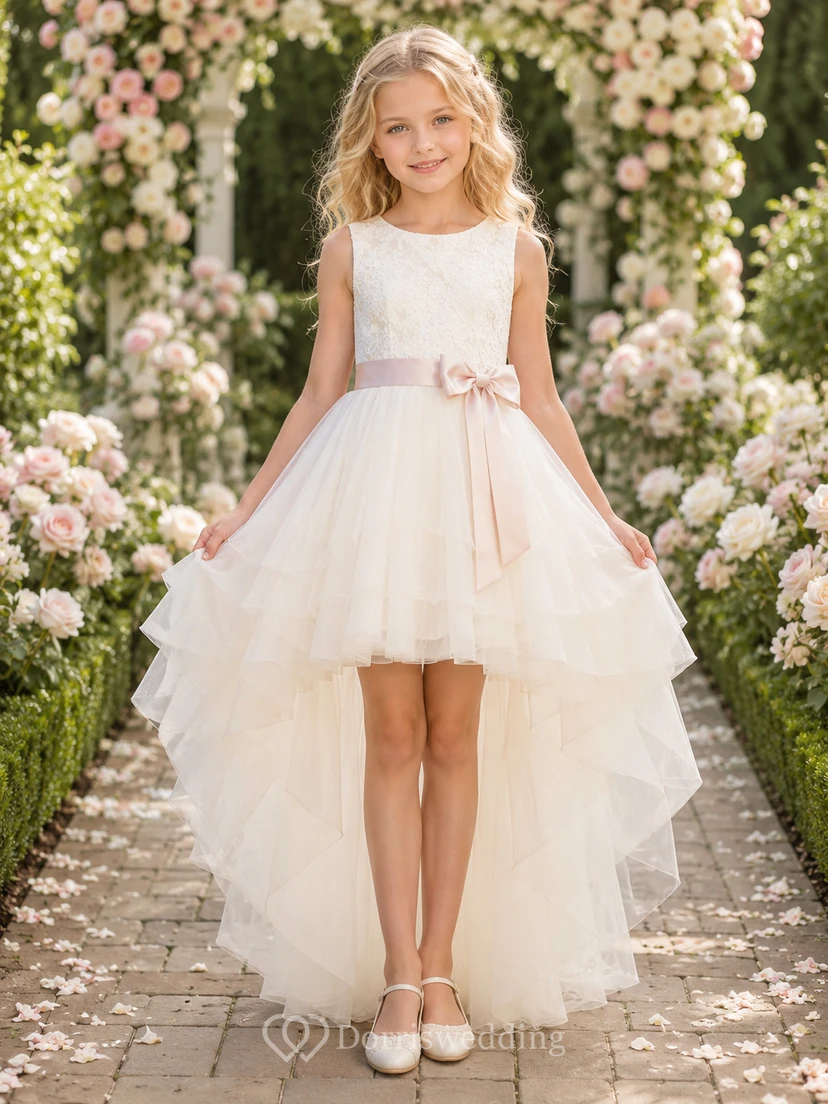 Lace High-Low Tulle Sleeveless A-Line Ruffle Bow Flower Girl Garden Wedding Dress