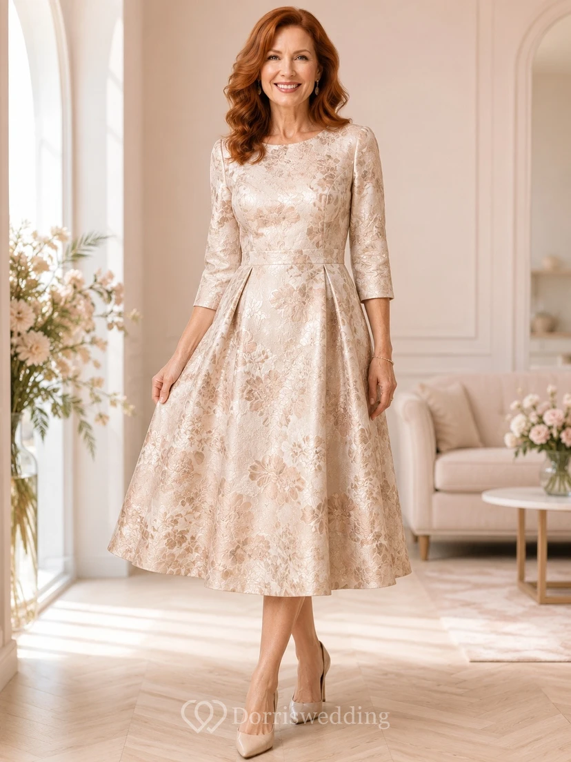 Champagnerfarbenes Midikleid mit floralem Jacquardmuster, V-Ausschnitt, Dreiviertelärmeln und A-Linien-Schnitt, ideal für Mütter von Frauen.