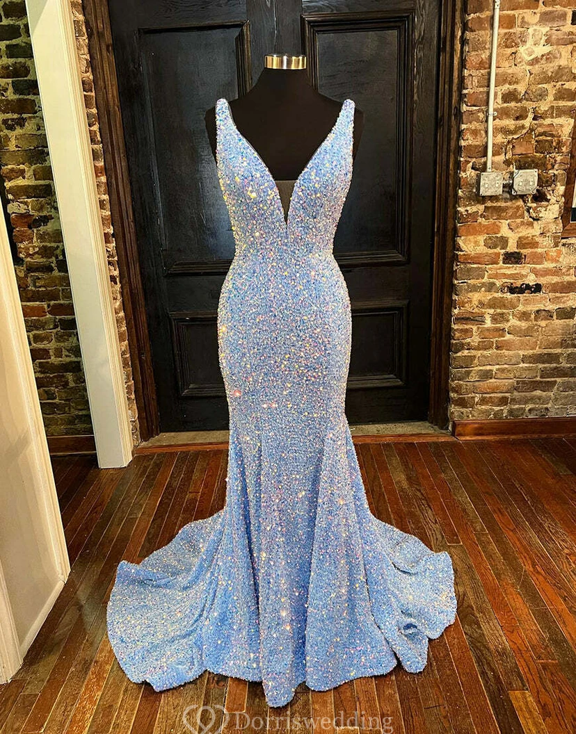 Shimmering Light-Blue Sequin Mermaid Gown with Plunging V-Neck view 4