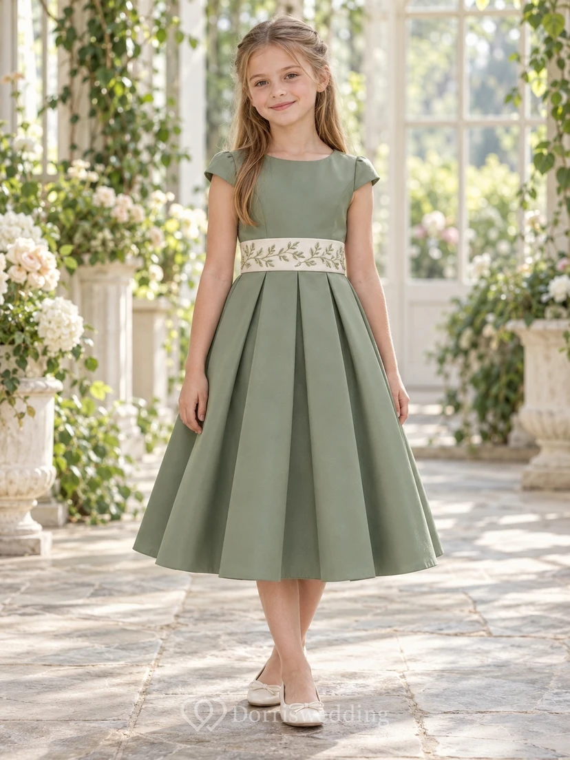 Sage Contrast Leaf Sash Cap Sleeve Pleated Flower Girl Dress