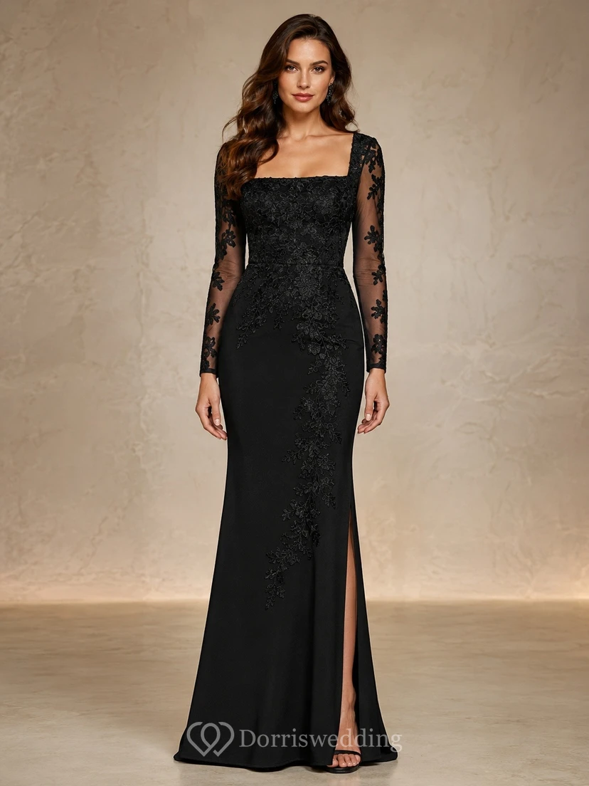 Black Sultry Square Lace Long-Sleeve Sheath Floor-Length Evening Dress