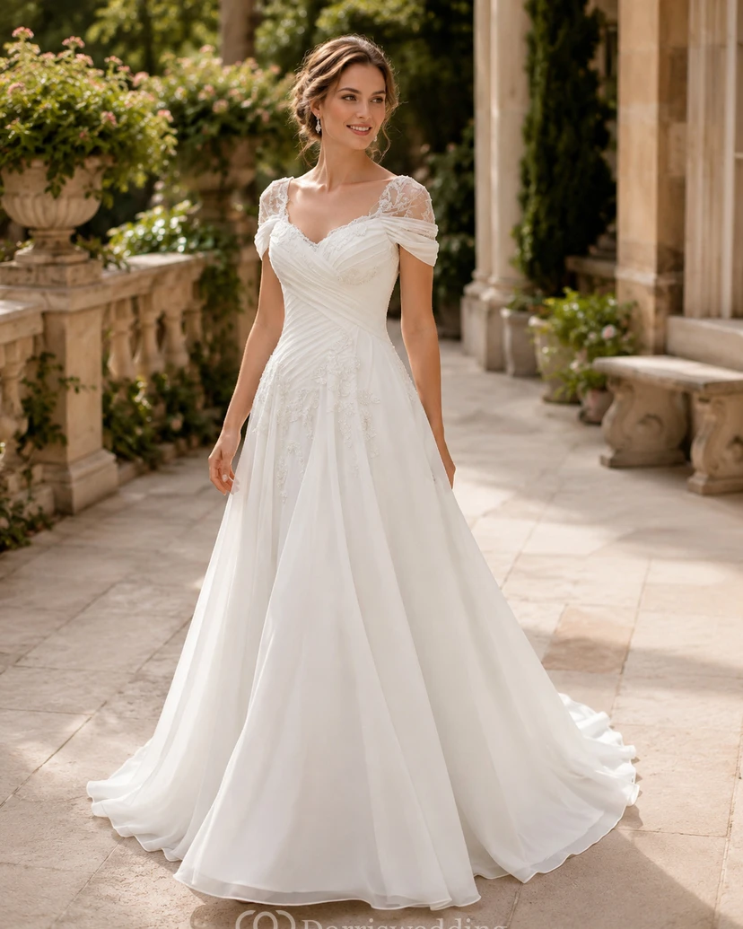 Robe de mariée trapèze en mousseline de soie à imprimé empire et appliques, ornée d'un bonnet croisé