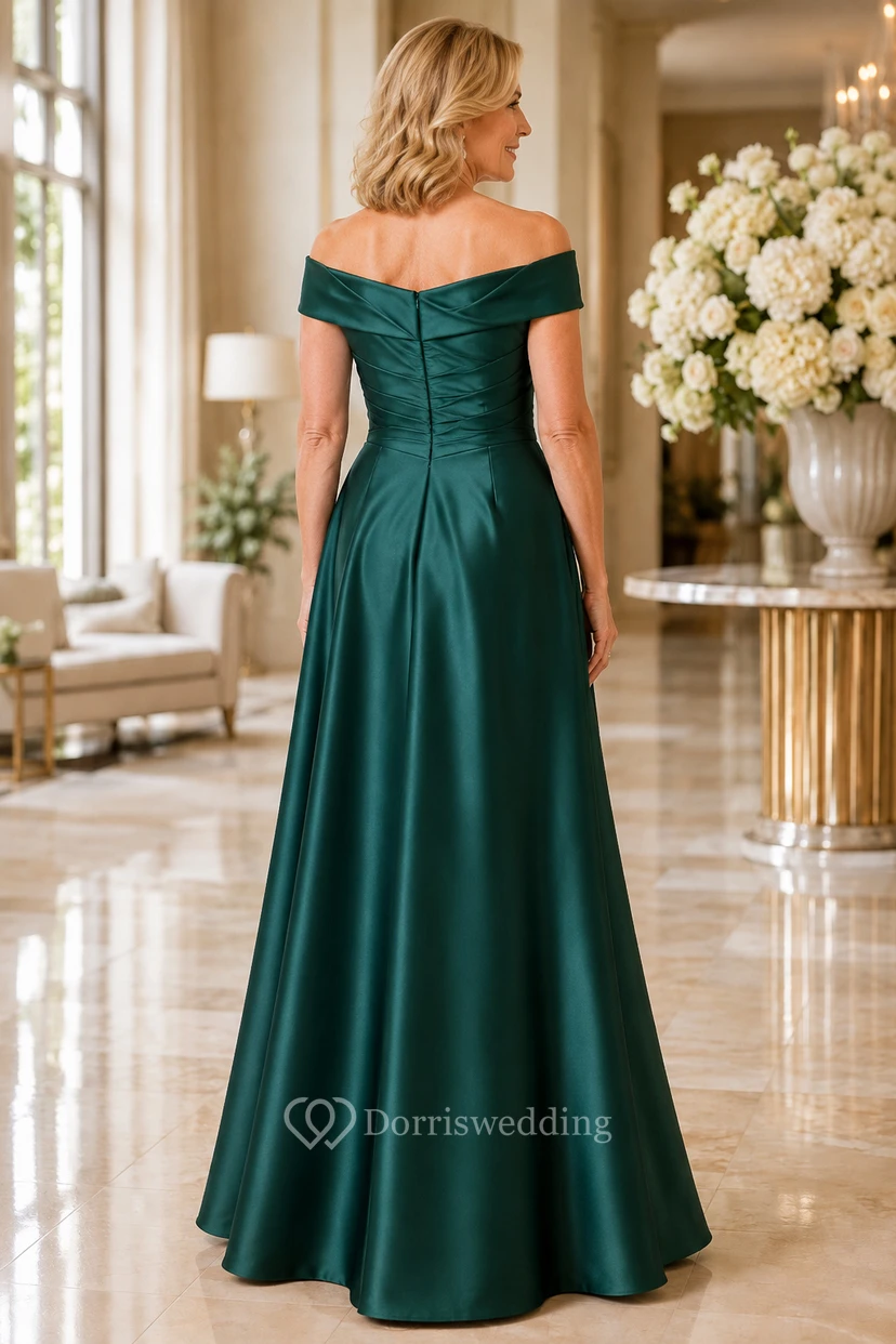 MOB-Kleid, dunkelgrün, Satin, A-Linie, kurze Ärmel, schulterfrei, bodenlang, drapiert view 2
