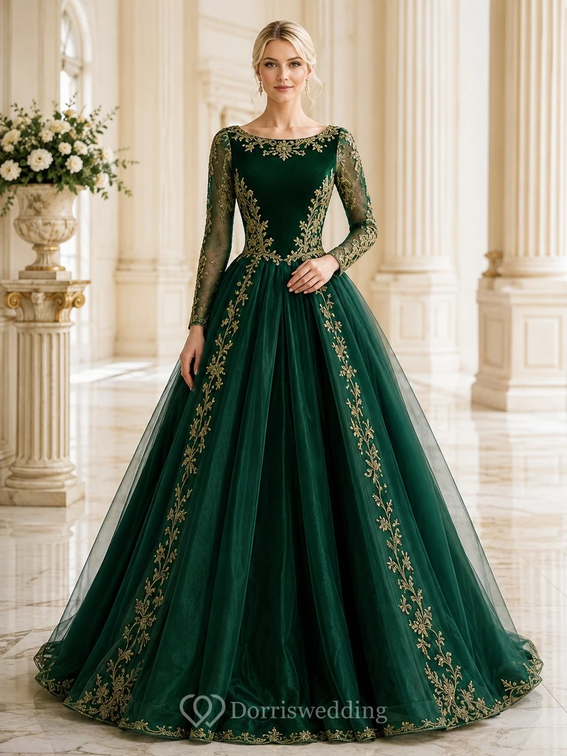 Dark Green Princess Embroidered Off Shoulder Long Sleeve Ball Gown Dress