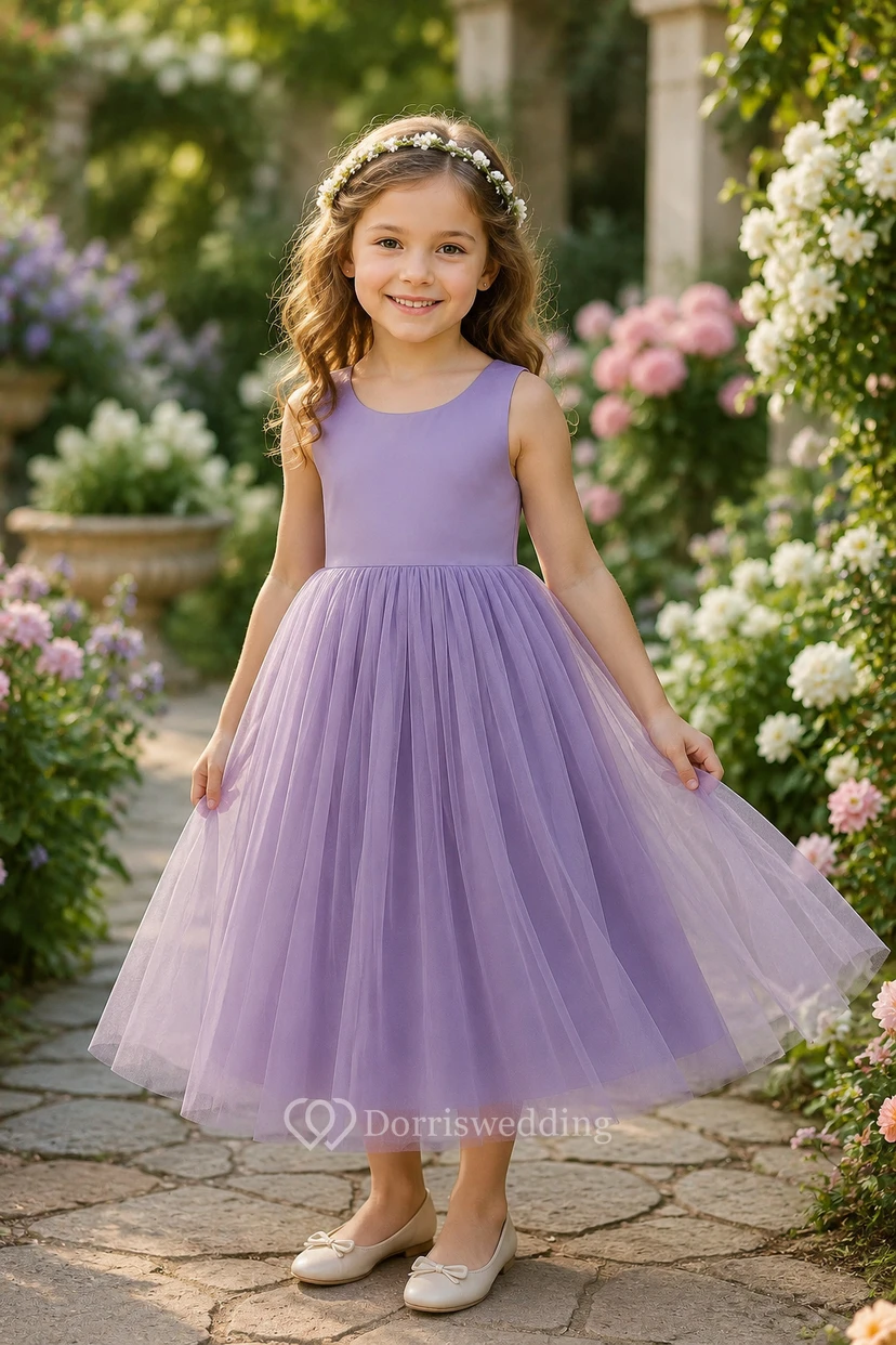 Purple Scoop-neck Sleeveless Satin A-line Tulle Flowergirl Dress
