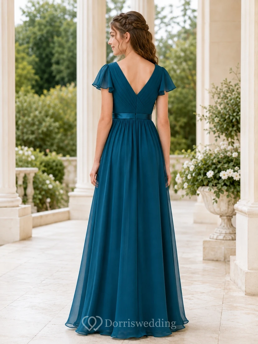 Vestido de dama de honor juvenil color verde azulado, corte en A, escote en V, manga corta, elegante y formal. view 2