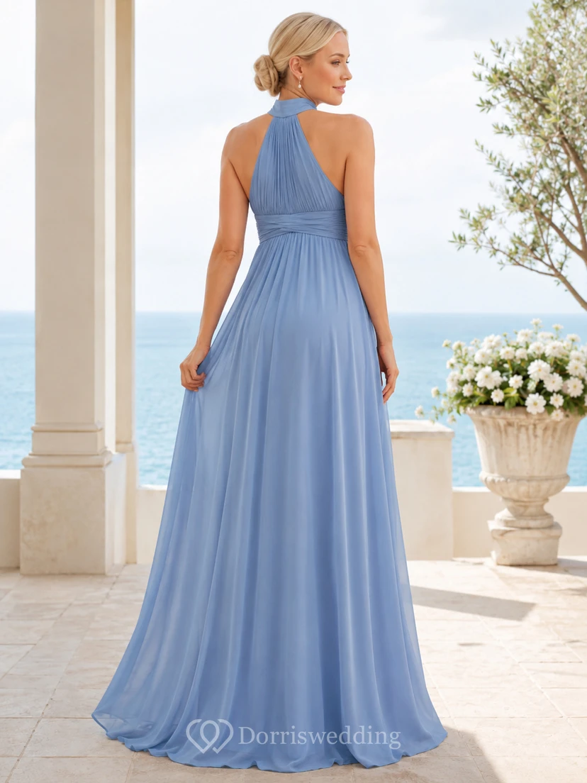 Vestido de playa largo hasta el suelo, de gasa plisada con cuello halter, color azul acero y estilo imperio, ideal para embarazadas. view 2