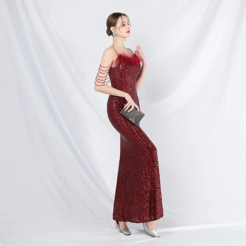 Craft Beaded Ostrich Feather Fantasy Sequined Long Evening Dress view 13