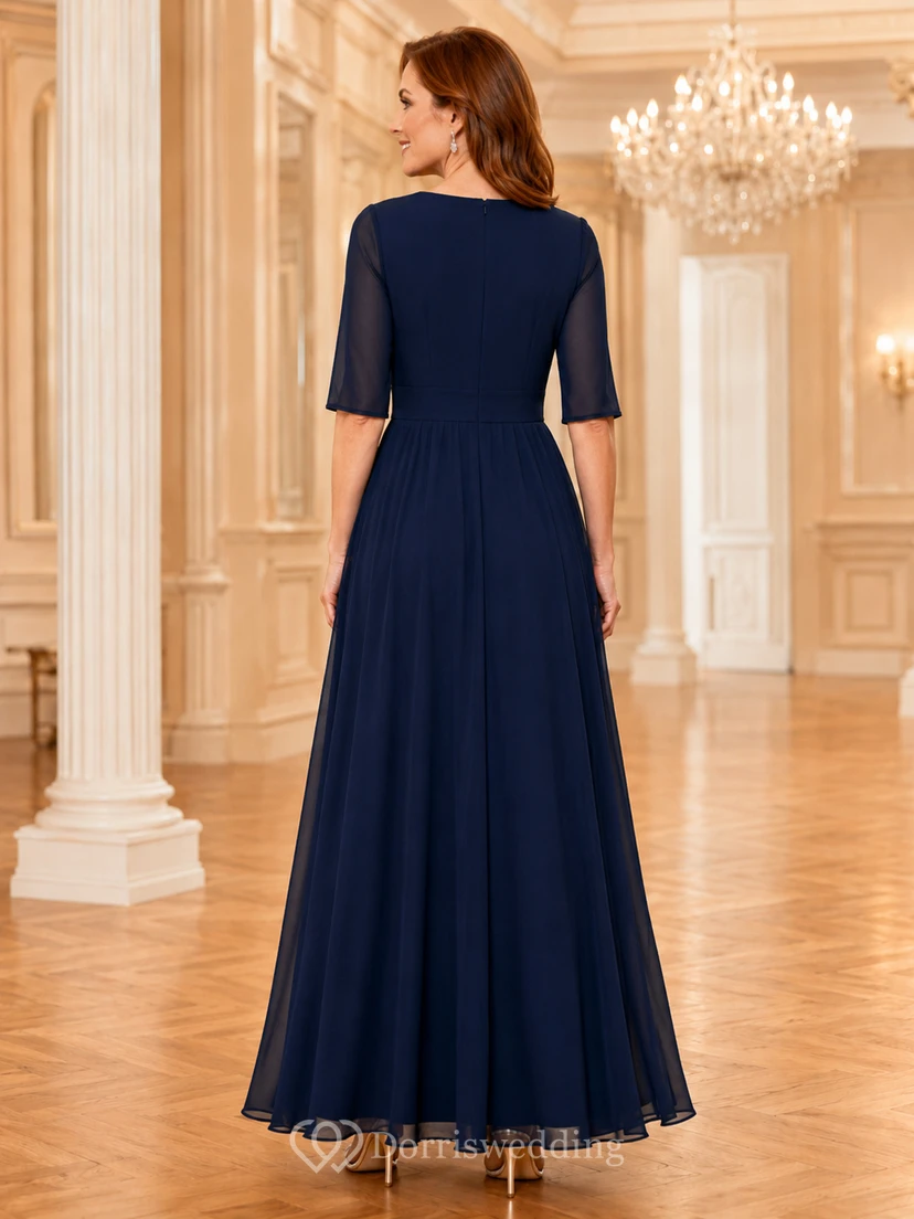 Dark Navy V Neck Half Sleeve Chiffon A Line Formal Dress view 2