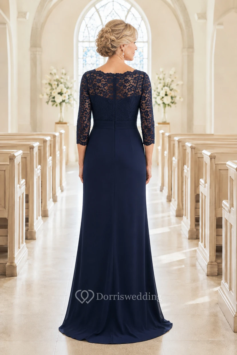 Dark Navy Lace Bodice Chiffon Sheath Mother Dress view 2