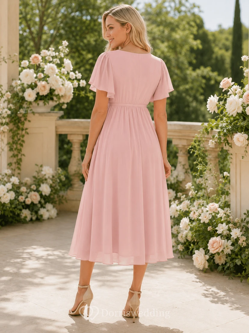 Vestido midi de gasa rosa empolvado con escote en V, mangas con volantes y corte asimétrico, ideal para embarazadas. view 2