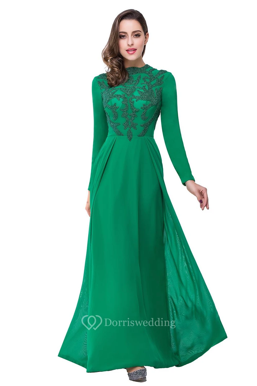 Elegant Green Long Sleeve Beadings Evening Dress Long Chiffon Party Gowns