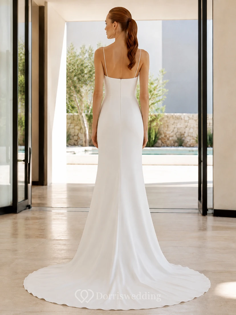 Spaghetti Strap Crepe Minimalist Villa Bridal Sheath Gown view 2