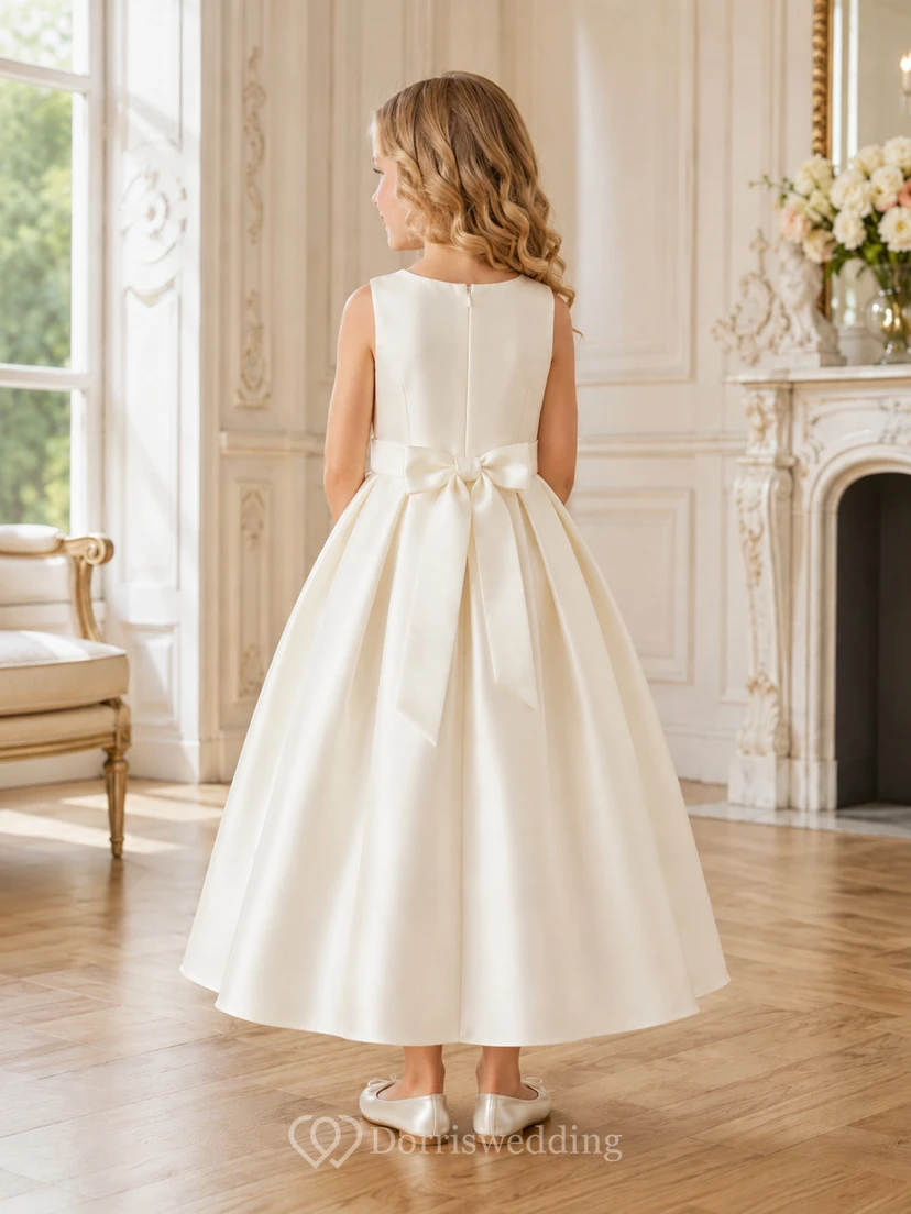 Blumenmädchenkleid aus elfenbeinfarbenem Satin, A-Linie, Rundhalsausschnitt, Teelänge, Schleifendetail view 2
