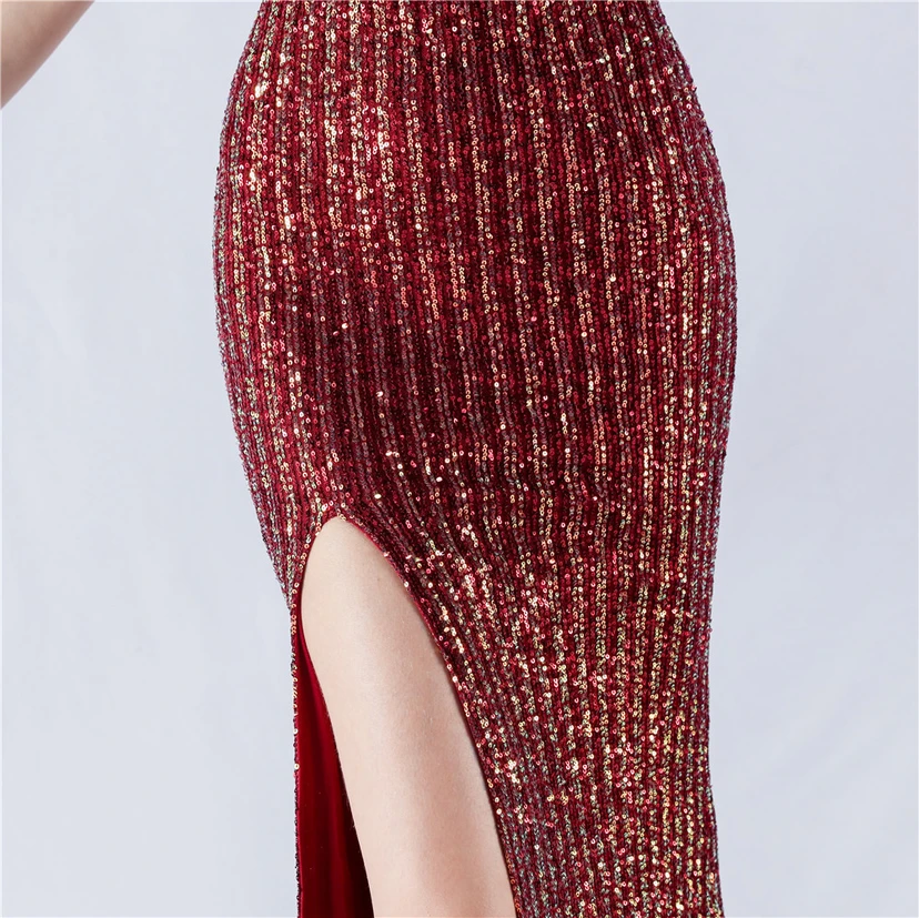 Heavy Beaded One-Shoulder Oblique Collar High Fork Sequin Dinner Dress view 18