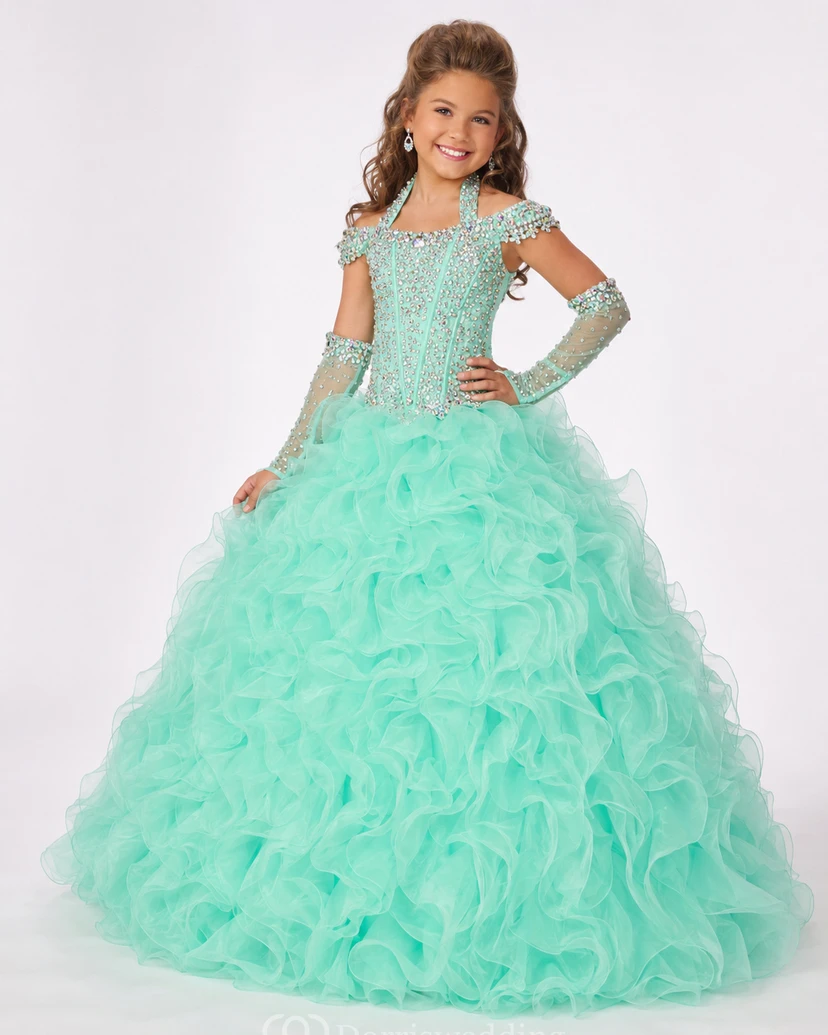 Ruffle Ball Gown Halter Corset Flower Girl Dress with Beading view 10