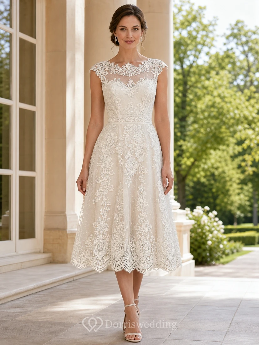 Teelanges Boho-Hochzeitskleid mit hohem Kragen, Spitze, kurzen Ärmeln und A-Linien-Schnitt