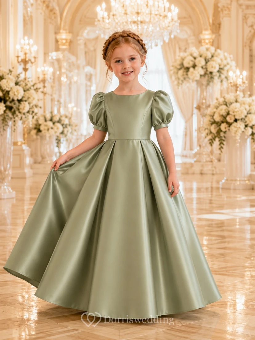 A-Line Flowergirl Satin Floor-Length Puff Sleeve Sage Formal Ballroom Wedding Gown