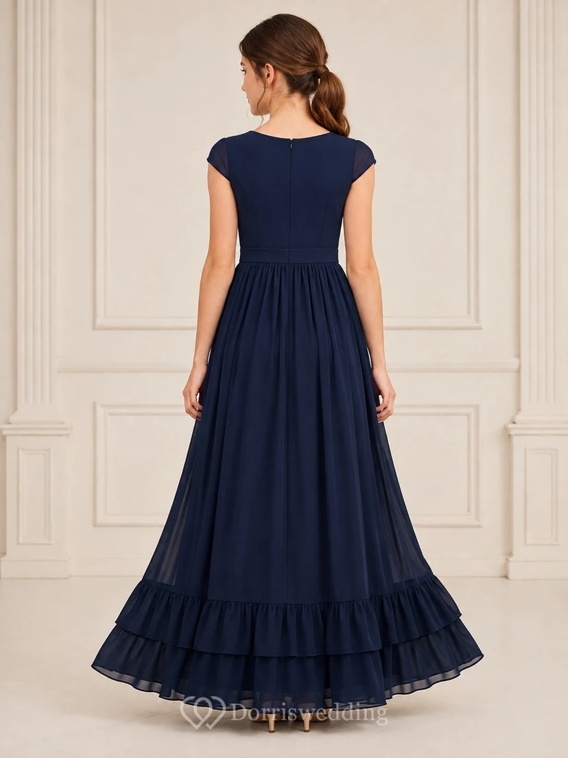 Dunkelblaues Brautjungfernkleid für junge Damen, A-Linie, Rundhalsausschnitt, kurze Ärmel, Chiffon, Rüschensaum, romantisch view 2
