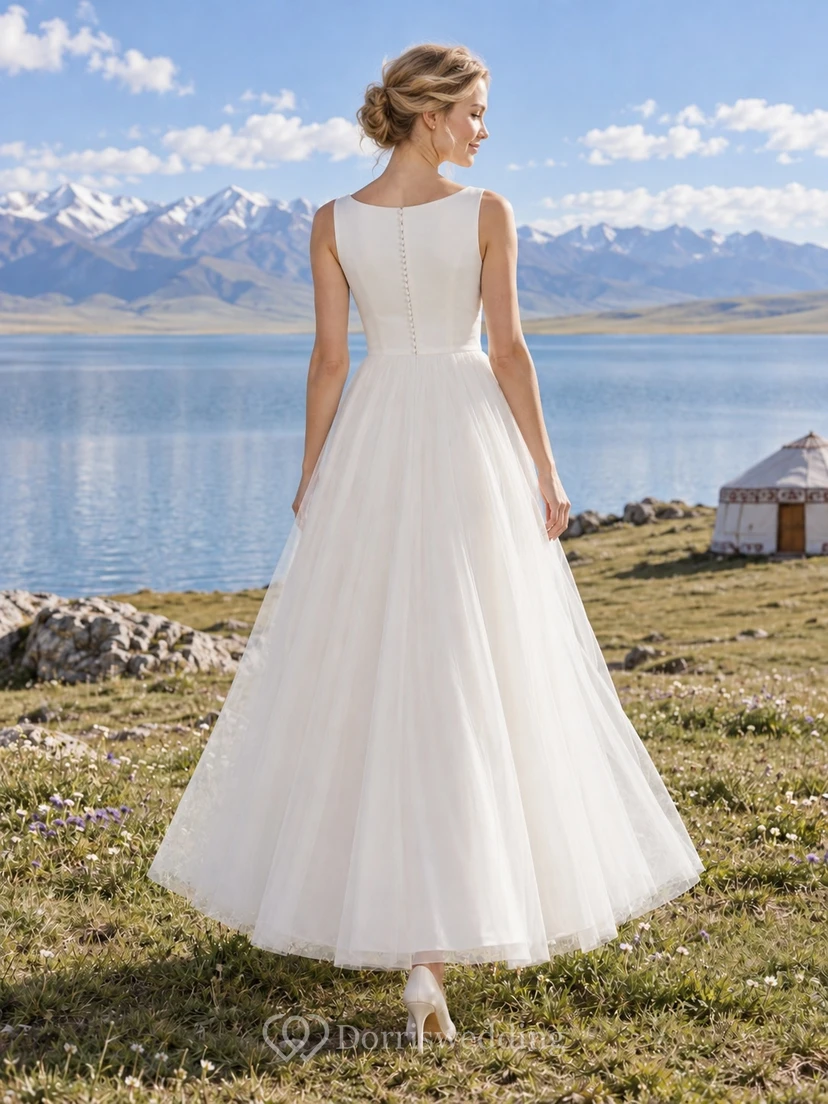Vestido de novia civil sencillo y modesto, largo hasta la rodilla, con escote barco y falda de tul, sin mangas. view 2