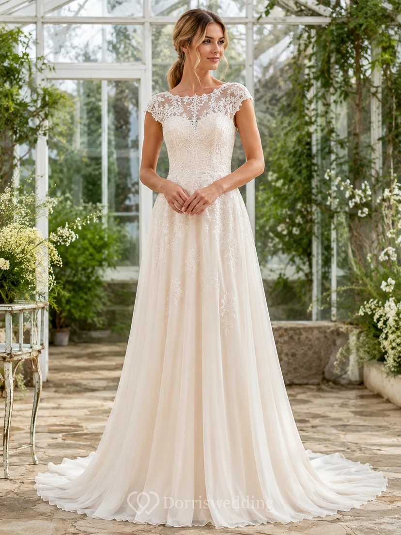 Bohemian V-Neck Short Sleeve Lace A-Line Chapel Train Bridal Gown