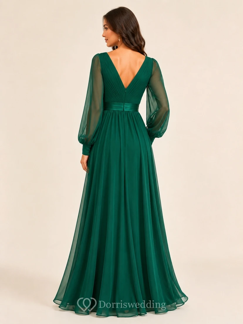 Vestido formal de gasa de corte A con escote en V y manga larga, color verde esmeralda view 2