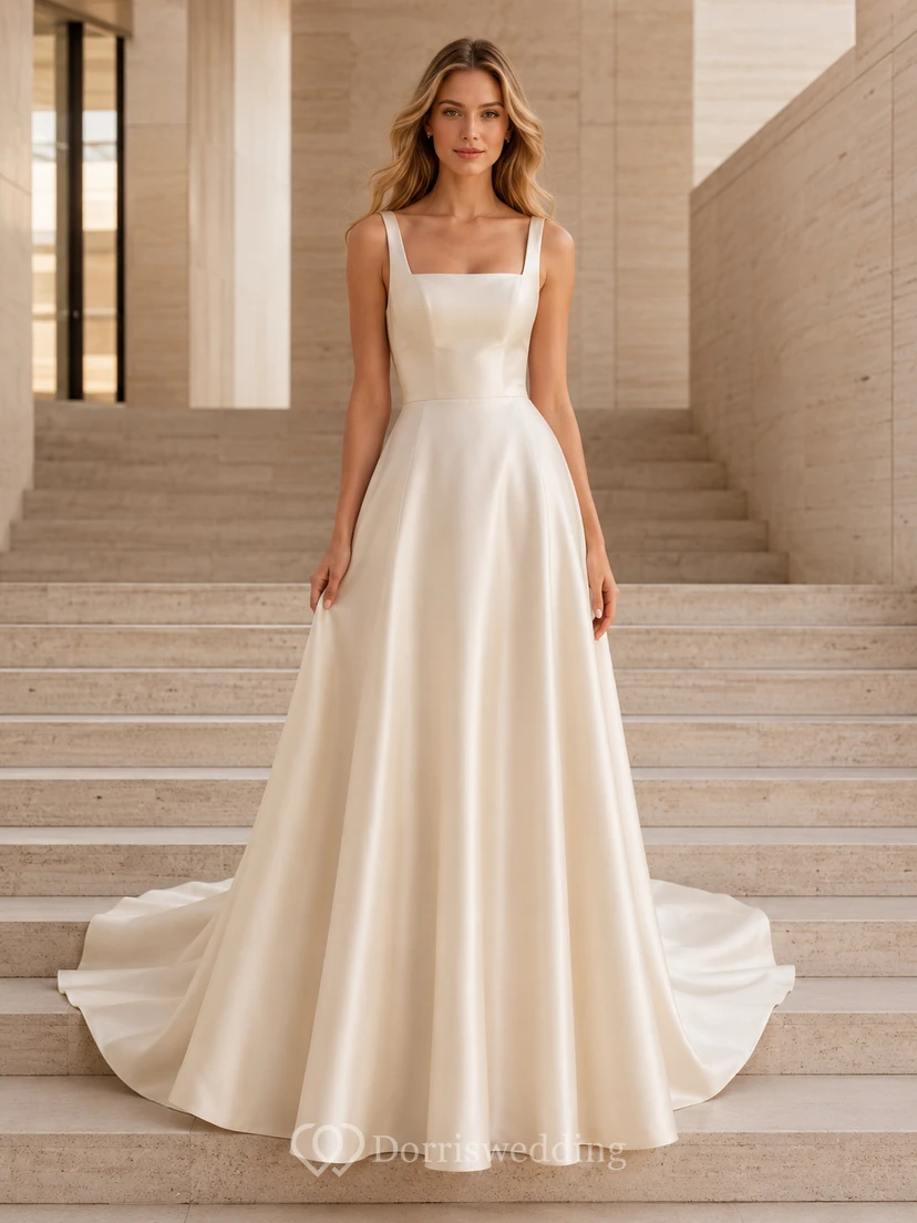 Champagne Square Neck Satin A-Line Architectural Bridal Gown