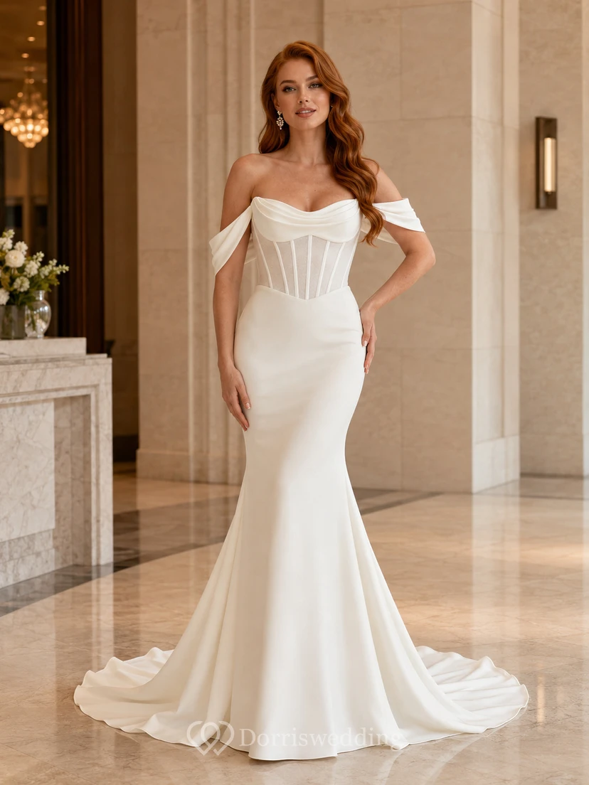 Minimalist Satin Wedding Dress Mermaid Off Shoulder Sweep Train Bridal Gown