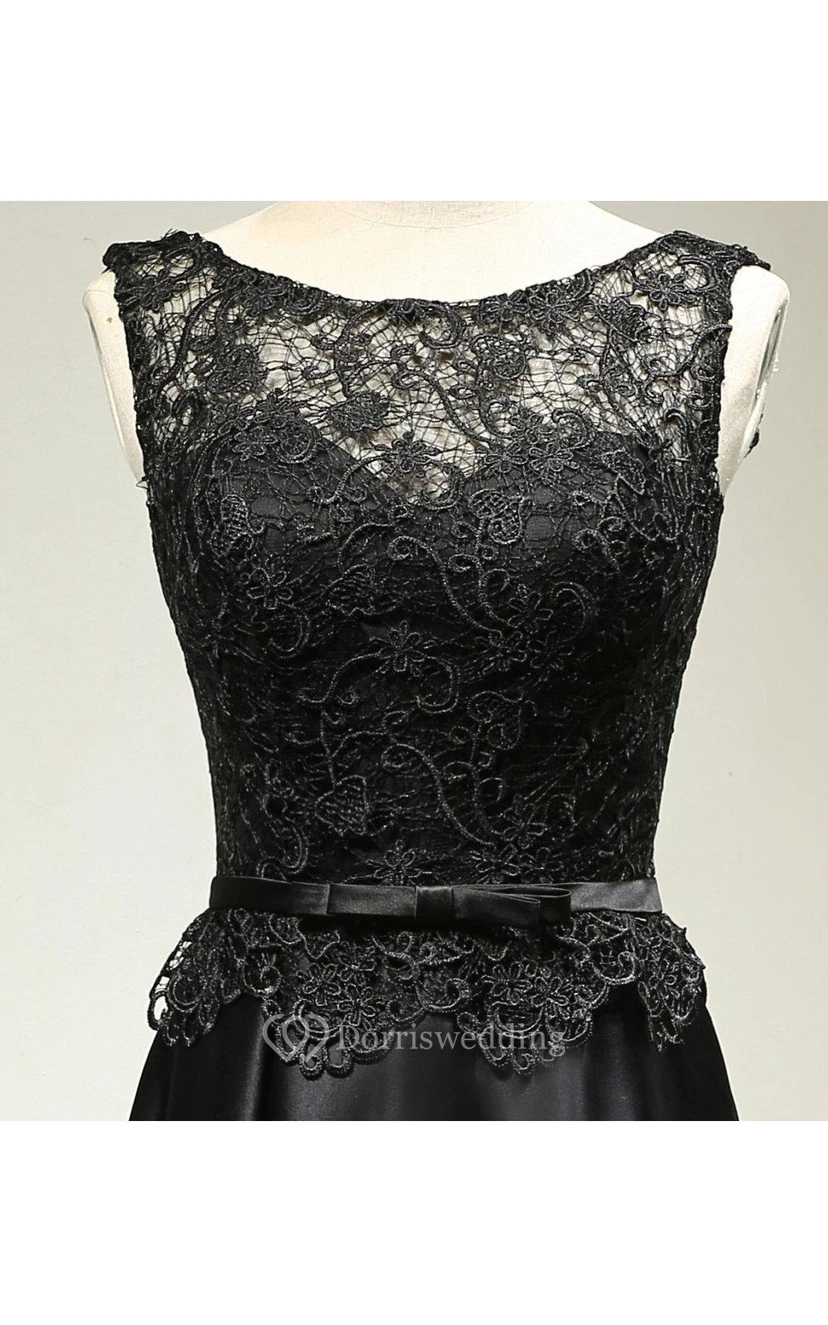 Scoop Neck Sleeveless Lace Bodice Satin A-line Long Dress With Belt view 4