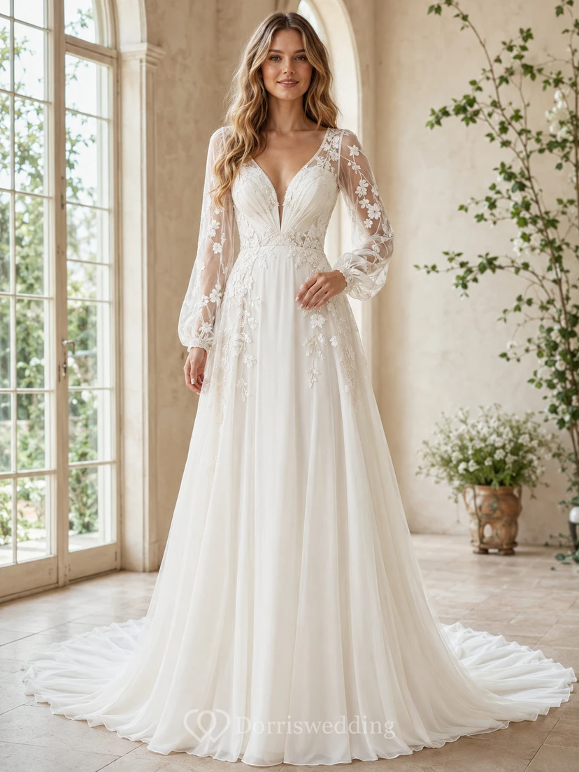 Robe de mariée trapèze en mousseline de soie à col en V et manches illusion longues, en dentelle, col A et coupe chapelle