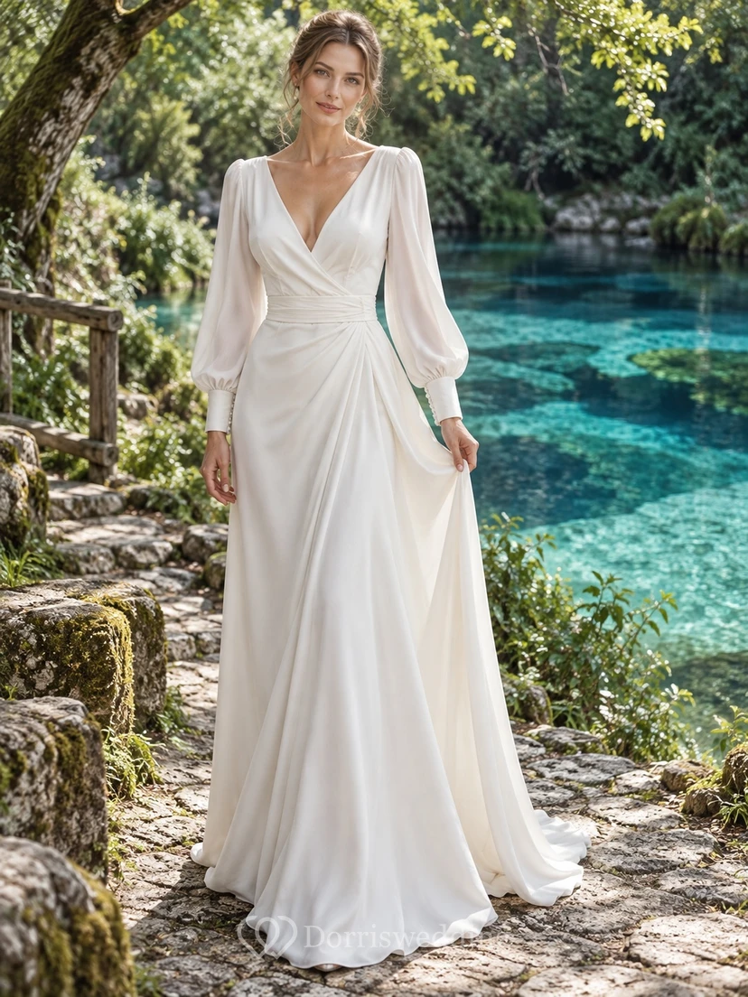 Vestido de novia sencillo de corte A con mangas largas, escote en V, gasa, drapeado lateral y cintura fruncida.