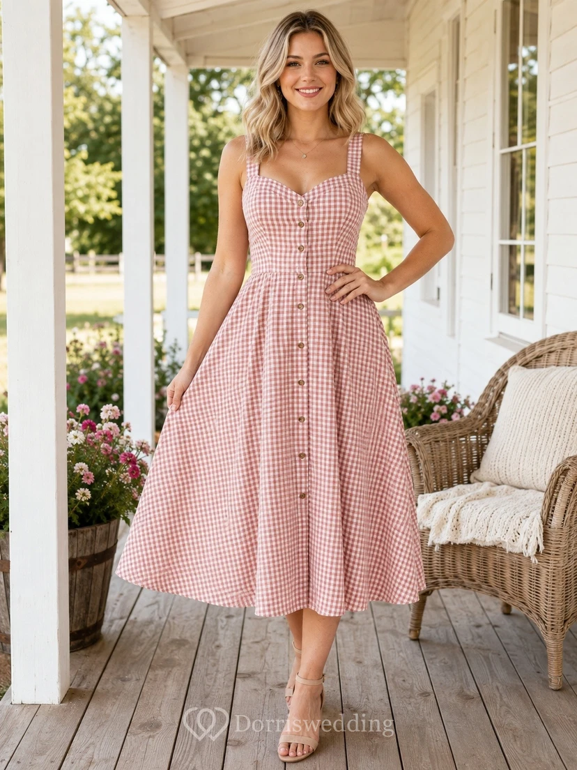 Robe vintage rose poudré à carreaux vichy, bretelles boutonnée, longueur midi, coupe trapèze