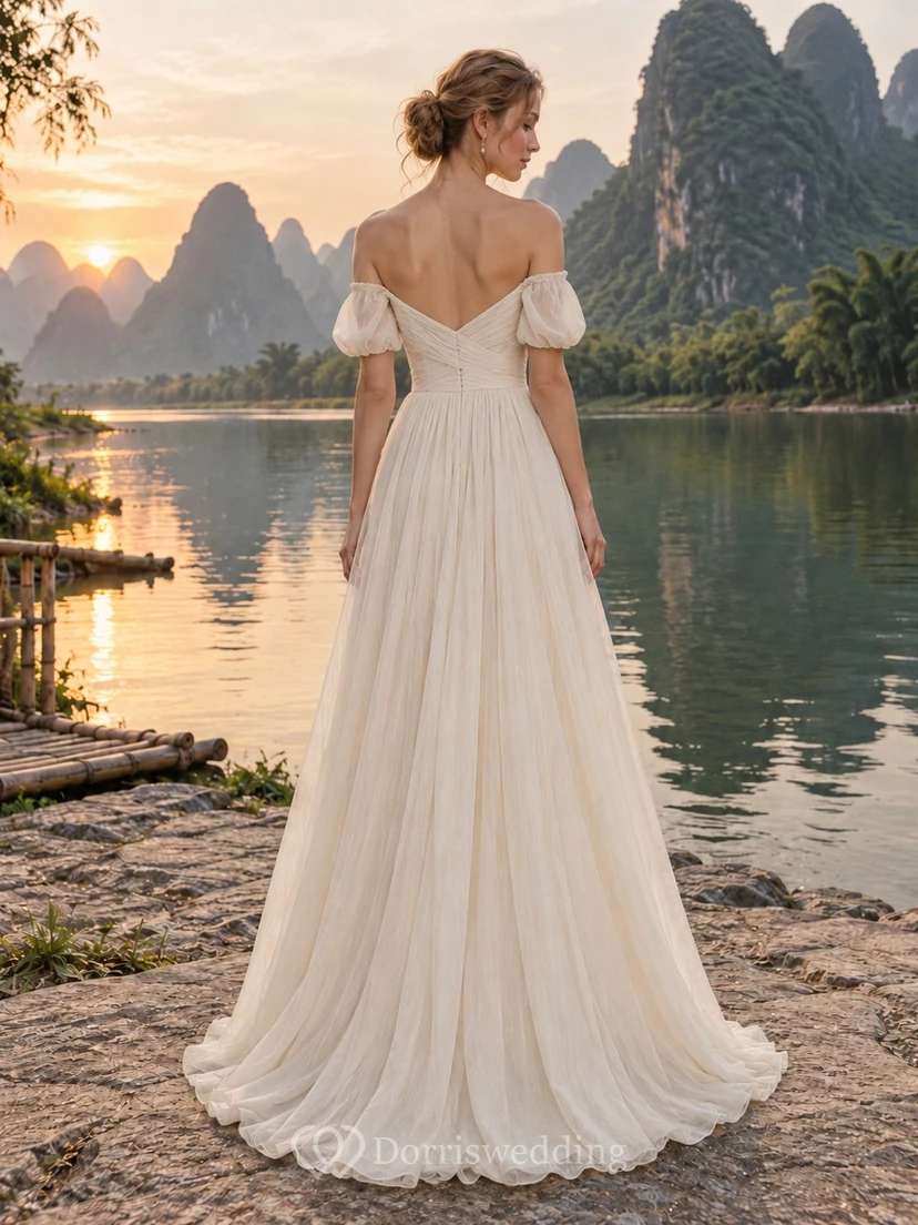 Simple Off Shoulder Sweetheart Puff Sleeve A Line Wedding Gown view 2