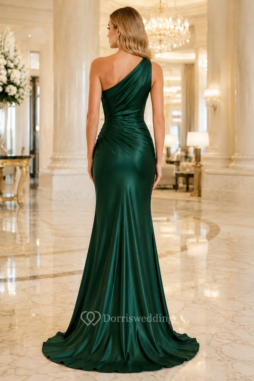Emerald One-Shoulder Satin Mermaid Evening Dress view 2