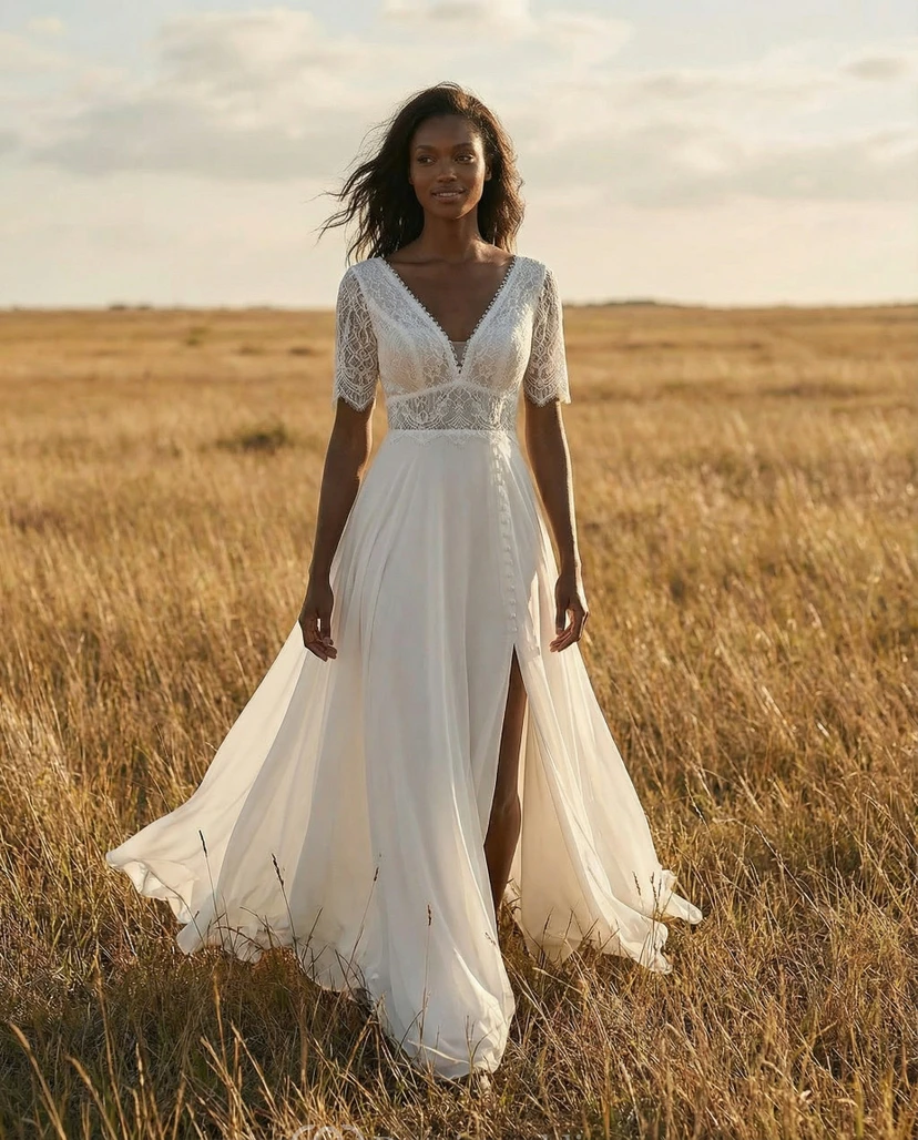 chiffon bridal dress Meekay cut skirt with pockets Beach Chiffon Wedding Dresses with