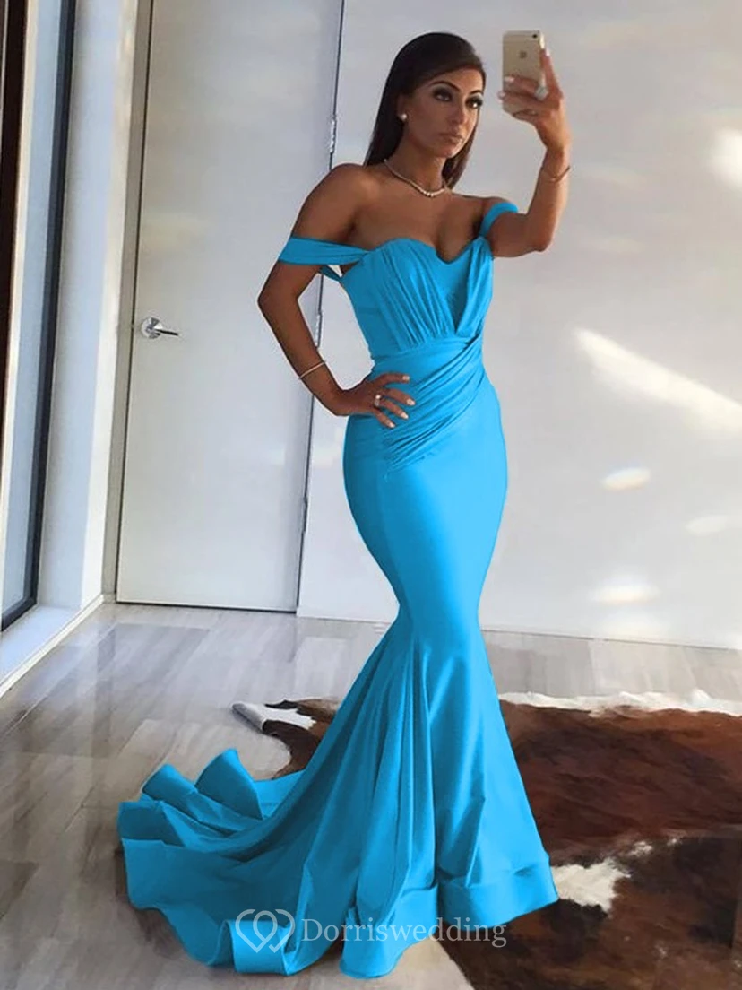 Sexy Mermaid Off-the-shoulder Sheath Champagne Ruched Evening Prom Dress view 12