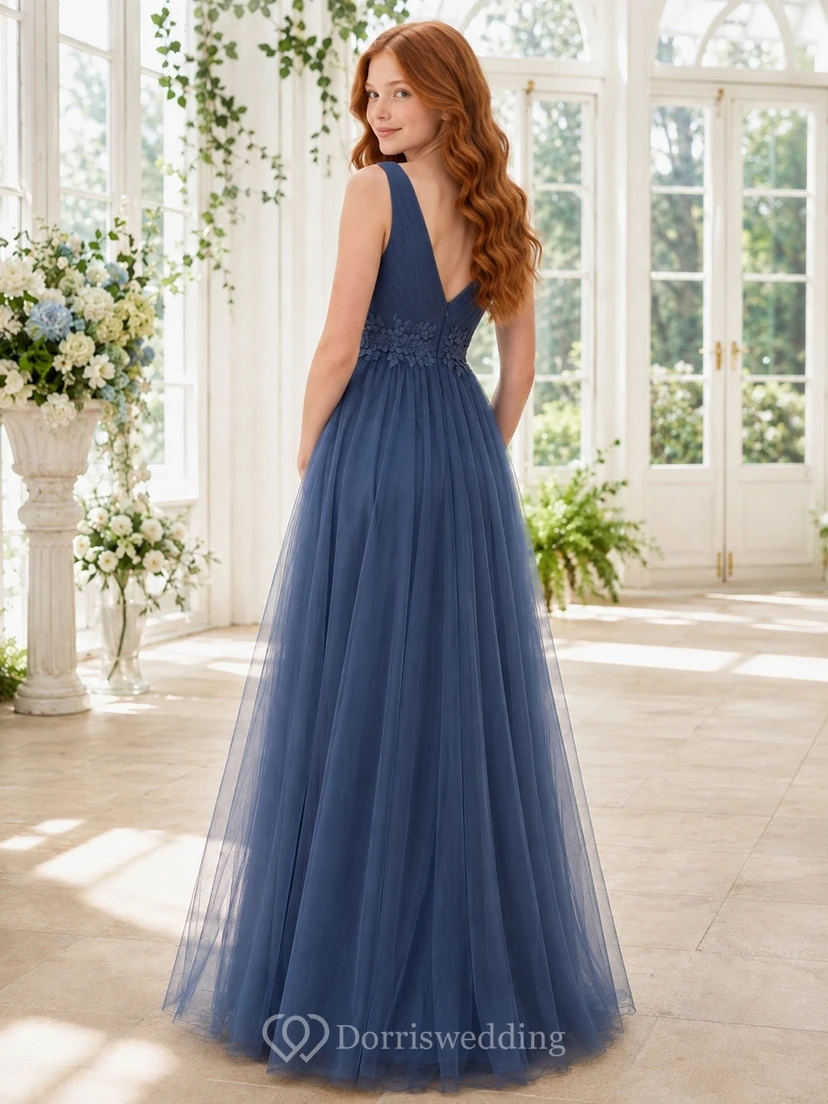 Schieferblaues Brautjungfernkleid für junge Frauen, A-Linie, V-Ausschnitt, ärmellos, Tüll, romantisch view 2