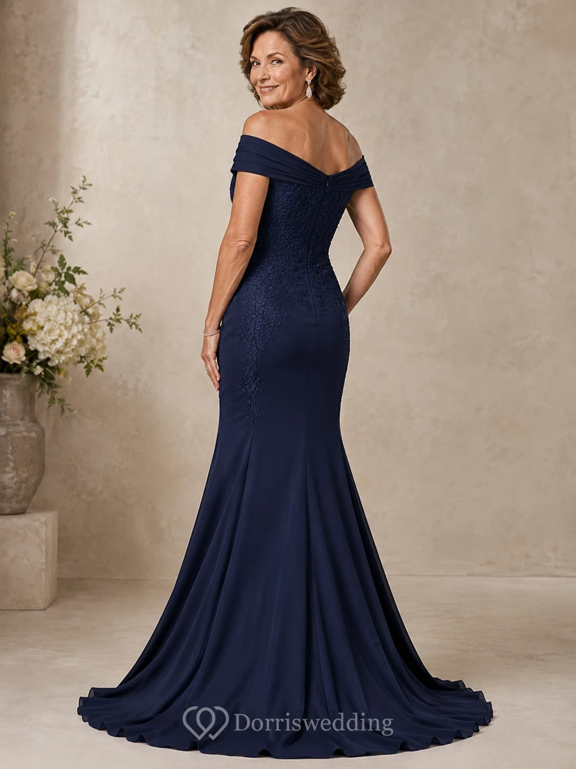 Mermaid Off-the-Shoulder Short Sleeve Stretch Satin Mother Dress with Ruching view 2