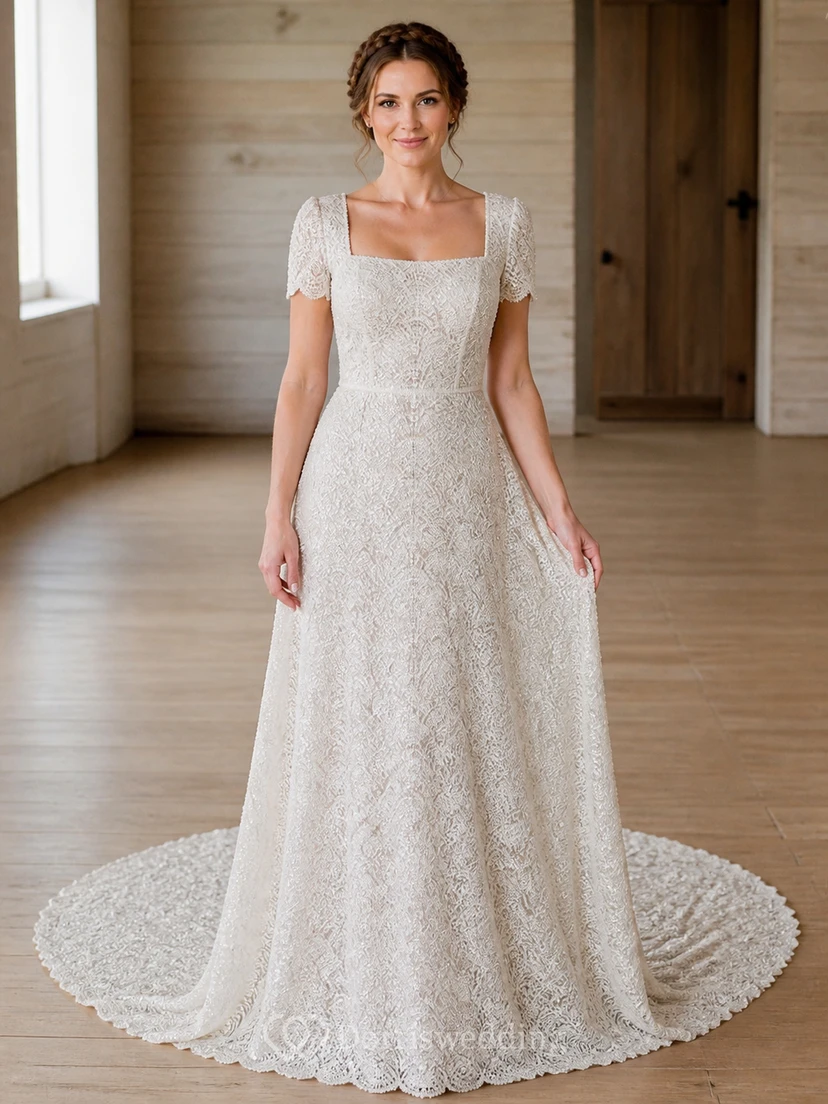 Vestido de novia vintage de corte A con estampado floral, escote cuadrado y manga corta hasta el suelo
