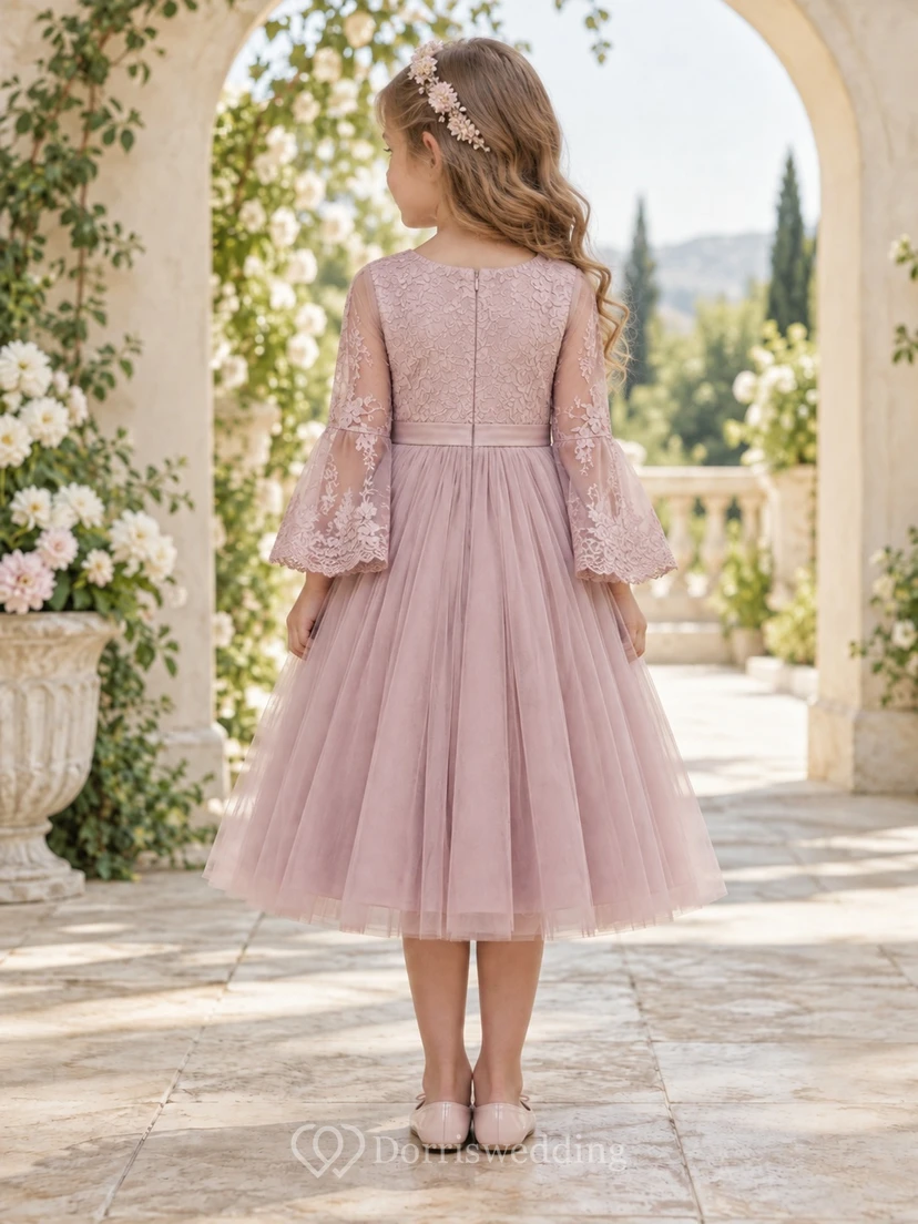 Tea-length Mauve Jewel Neck Bell Sleeve Lace Bodice Tulle Flower Girl Dress view 2