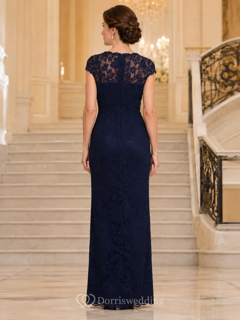 Vestido formal azul marino de encaje transparente con mangas cortas para madres view 2