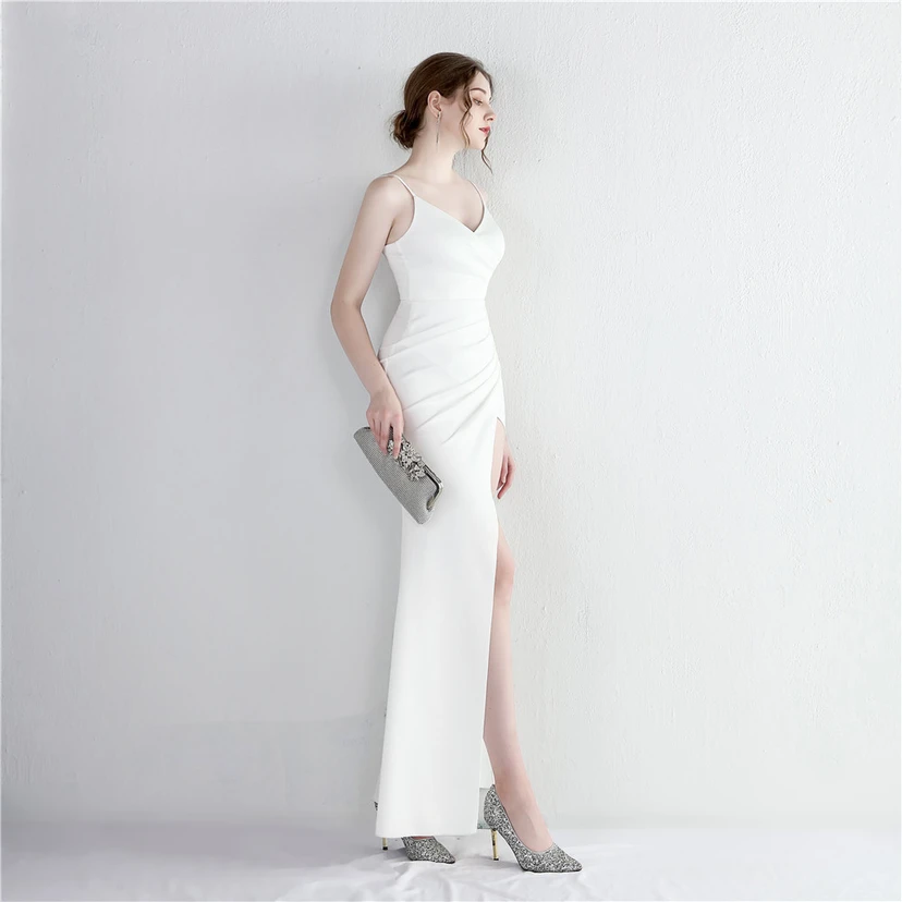 Vestido largo de satén con tirantes y abertura, estilo celebridad, corte sirena, ajustado, para bodas, modelos de coches y exposiciones. view 77