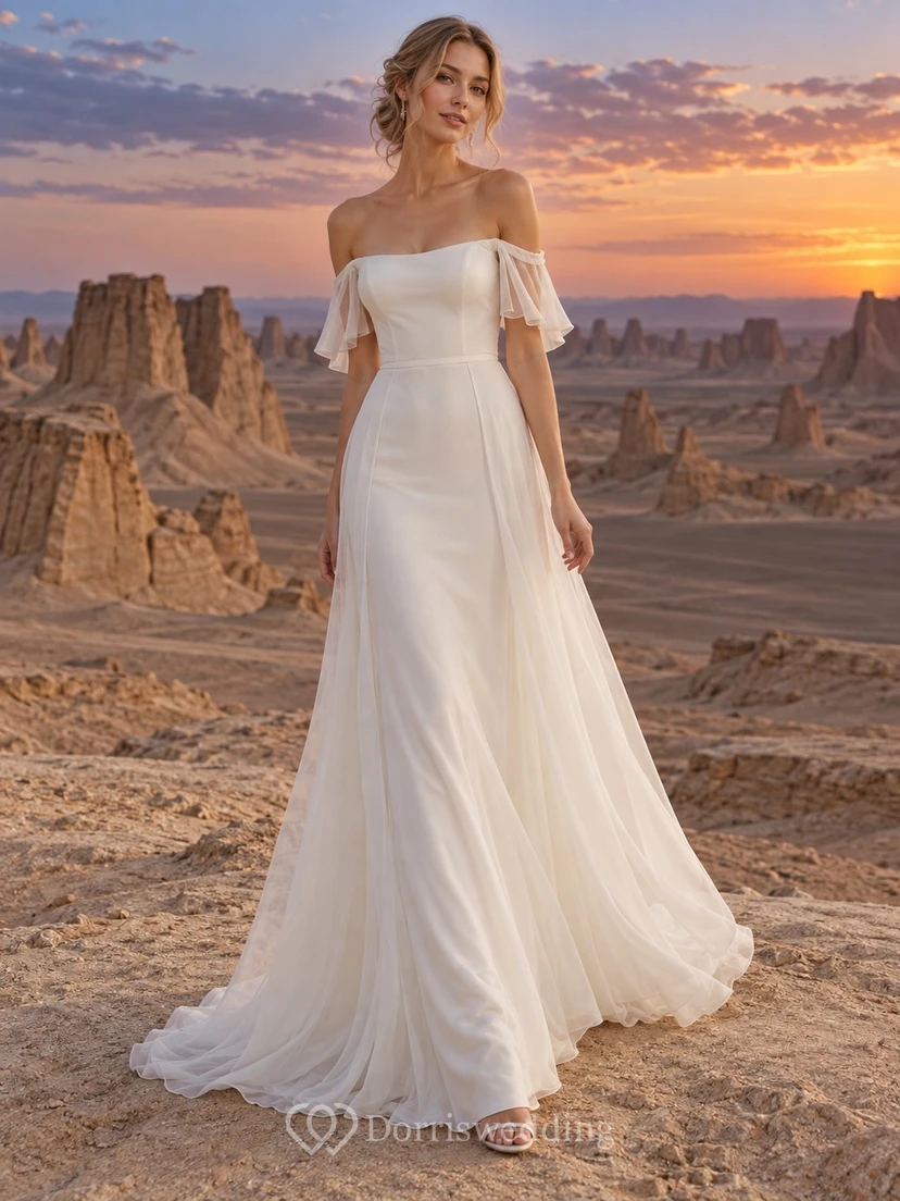 Vestido de novia sencillo de gasa con escote de hombros descubiertos y corte en A