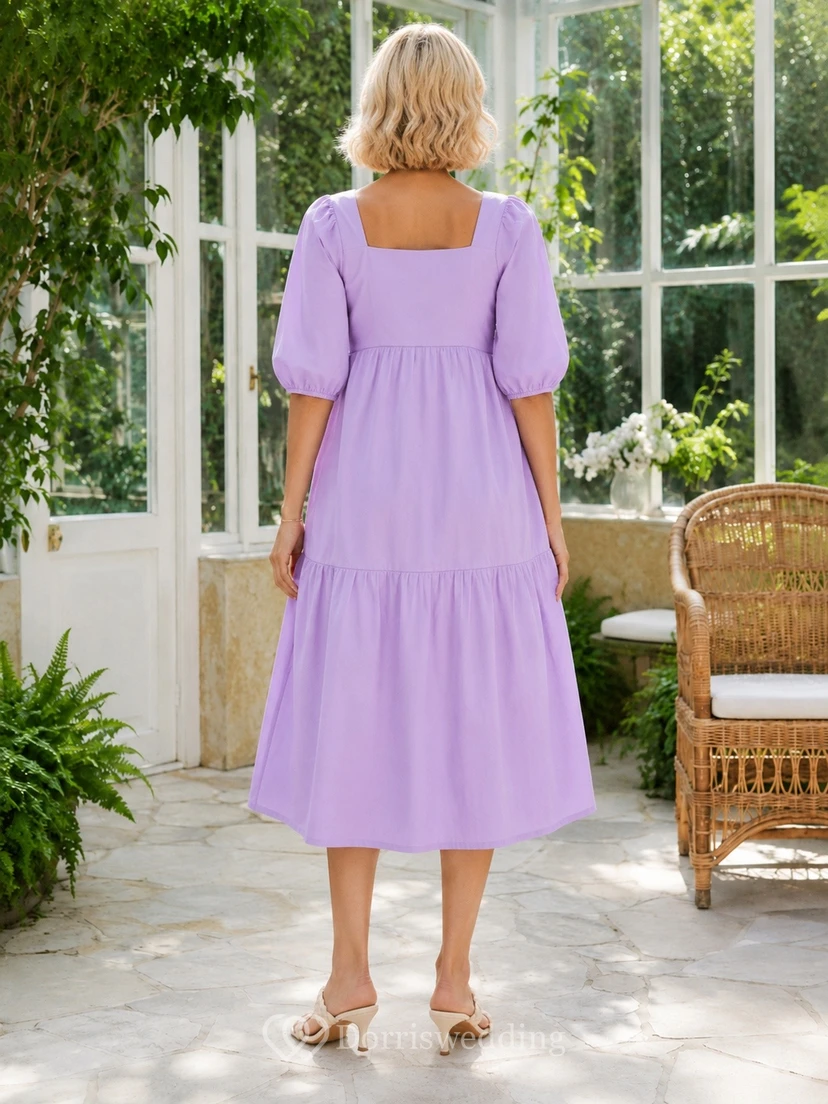 Modest Maternity Square-Neck Three-Quarter-Sleeve Jersey Empire Tea-Length Dress view 2