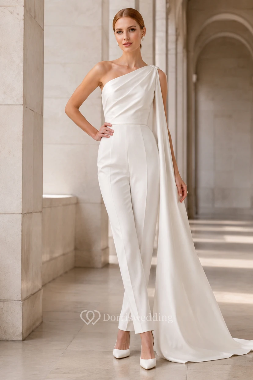 Combinaison de mariée blanche asymétrique avec longue traîne cape