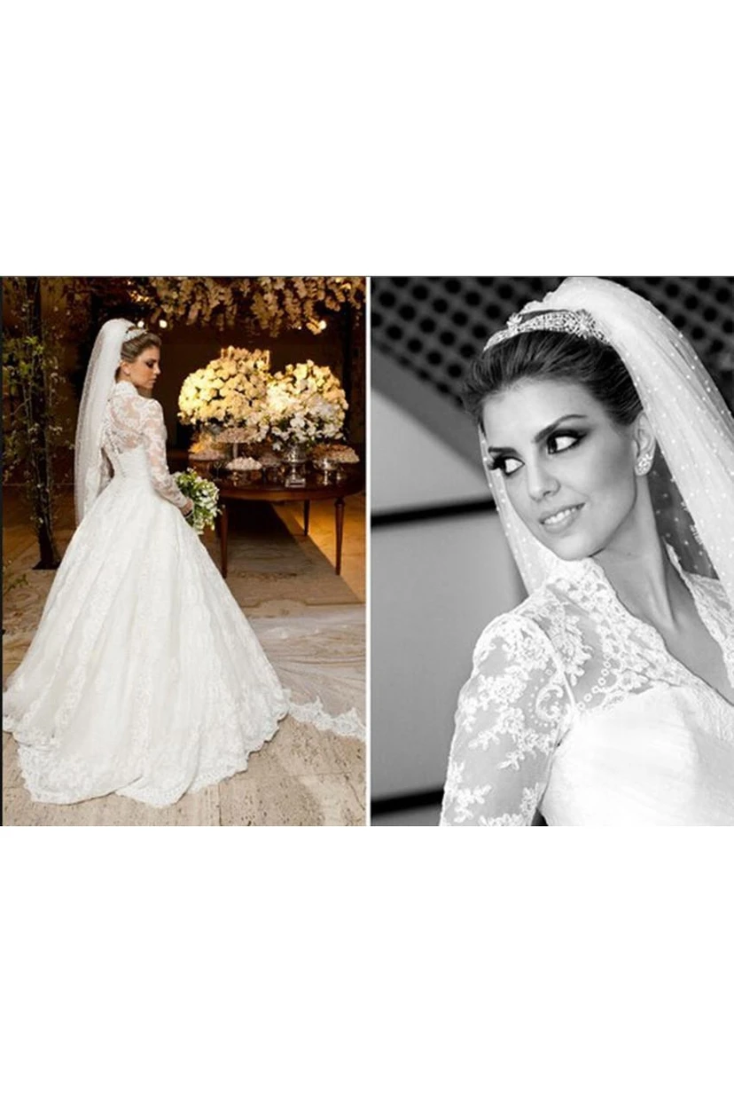 Elegant V-neck Long Sleeve Lace Wedding Dress Ball Gown view 4